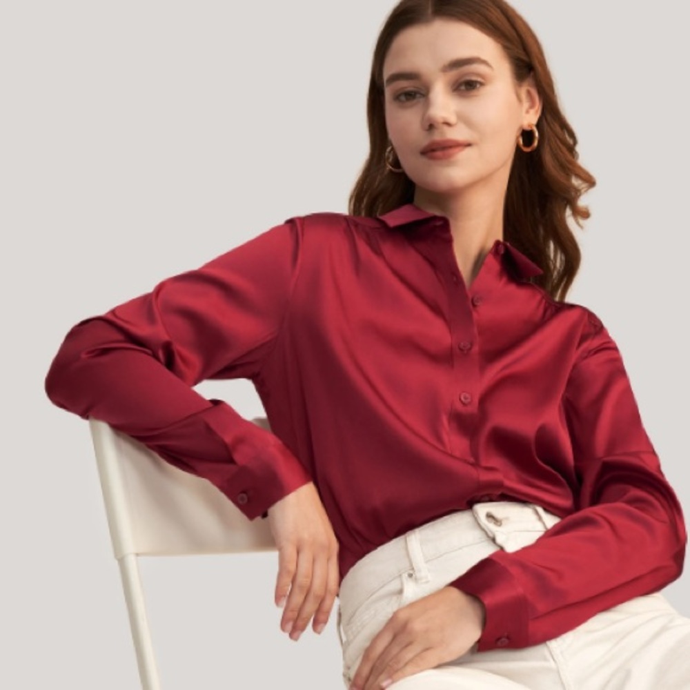 Women's Satin Button-Up Blouse - Red